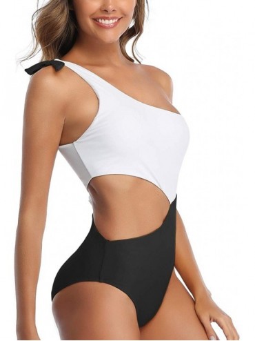 One-Pieces One Piece Swimsuits One Shoulder Bowknot Swimwear Stitching Color Block Bathing Suit - Black - C9196I9Z6S6 $15.06