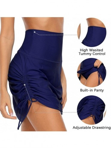 Tankinis Womens High Waisted Drawstring Swim Skirts Ruched Tummy Control Swimsuit Bottoms - Navy - CE194RYI995 $25.44