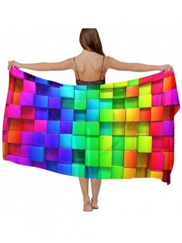 Cover-Ups Women Luxury Chiffon Swimwear Cover Up- Oversize Beach Sarong Shawl Wrap - Colorful Cubic - CX19C4KMQU3 $44.55