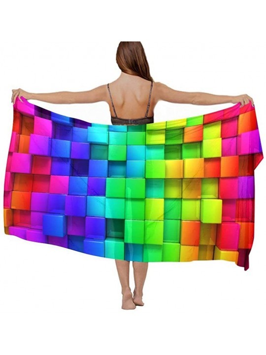 Cover-Ups Women Luxury Chiffon Swimwear Cover Up- Oversize Beach Sarong Shawl Wrap - Colorful Cubic - CX19C4KMQU3 $19.87