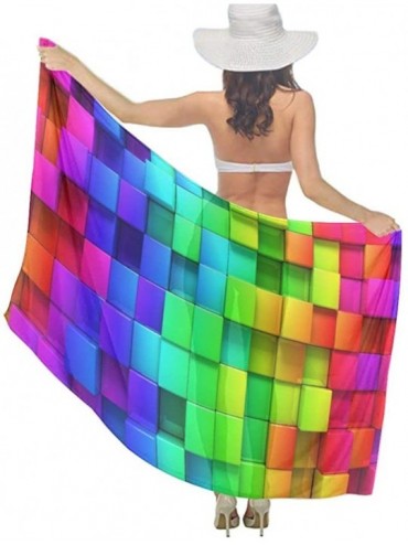 Cover-Ups Women Luxury Chiffon Swimwear Cover Up- Oversize Beach Sarong Shawl Wrap - Colorful Cubic - CX19C4KMQU3 $19.87