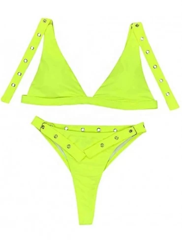 Sets Women's Scoop Neck High Waist Leopard Bikini Buckle Front Two Pieces Swimsuits - Fluorescent Yellow - CU197N9KK74 $26.33