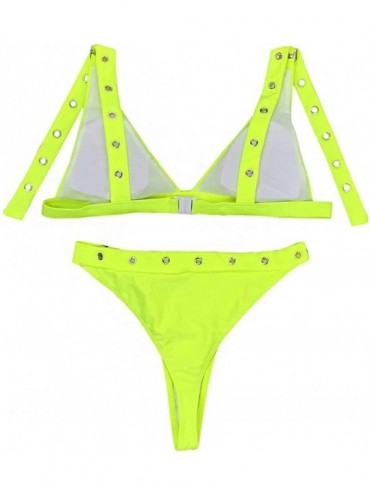 Sets Women's Scoop Neck High Waist Leopard Bikini Buckle Front Two Pieces Swimsuits - Fluorescent Yellow - CU197N9KK74 $16.29