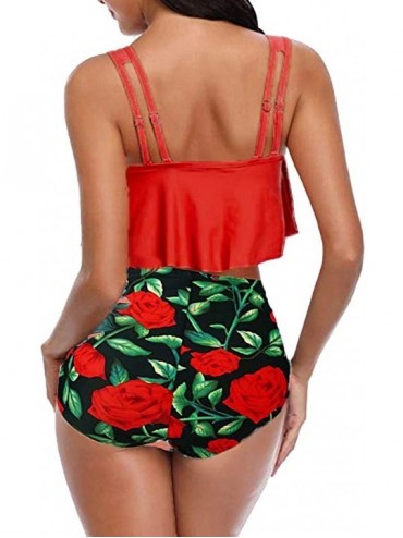 Sets Womens Ruffled High Waisted Bikini Swimsuit Retro Vintage Two Pieces Bathing Suits Racerback Top Tankini Plus Size Red -...