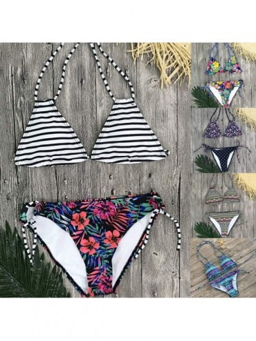 Sets Swimsuits for Women- Flower Striped Geometric Women Halter Bikini Set Two-piece Swimwear Swimsuit - 3 - CR18SCGHY9U $13.09