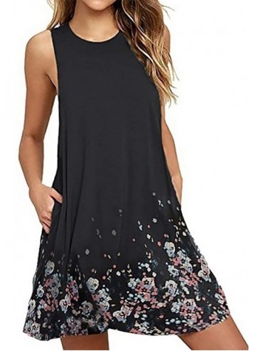 Cover-Ups Sleeveless A line Dress Floral Beach Dress Lounge Tank Dress Tunic Style with Two Pockets Black - CP19CM66ZMQ $45.77