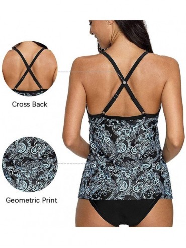 One-Pieces Women Striped Tankini Set with Brief Cross Back Padded Two Piece Swimsuit - Aqua Paisley - CP18GU7ZQO0 $25.93