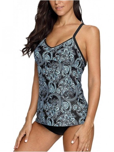 One-Pieces Women Striped Tankini Set with Brief Cross Back Padded Two Piece Swimsuit - Aqua Paisley - CP18GU7ZQO0 $25.93
