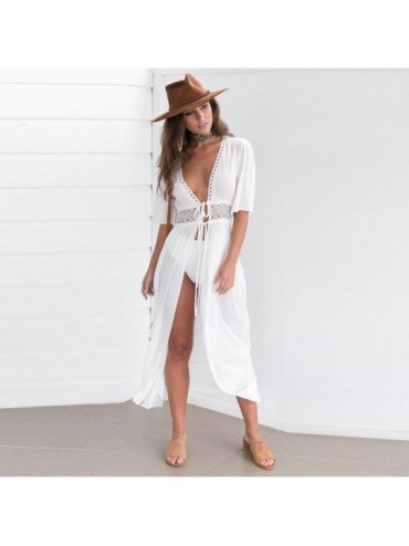 Cover-Ups White Long Dress- Short Sleeve V Neck- Cover Up Cardigan Beach Sundress - CC185DG9H5E $16.66