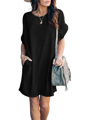 Cover-Ups Womens Waffle Knit Tunic Dress Short Sleeve Crewneck Casual Loose Beach Cover Up Midi Dresses with Pocket - Black -...