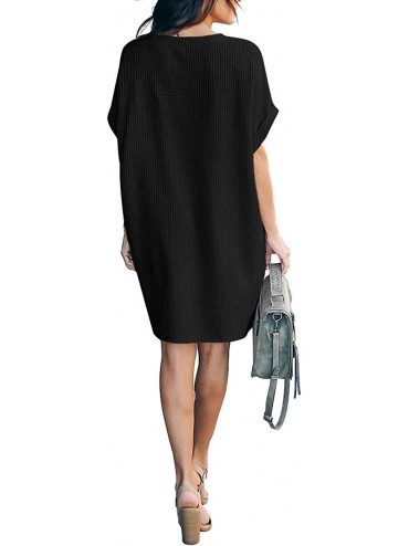 Cover-Ups Womens Waffle Knit Tunic Dress Short Sleeve Crewneck Casual Loose Beach Cover Up Midi Dresses with Pocket - Black -...
