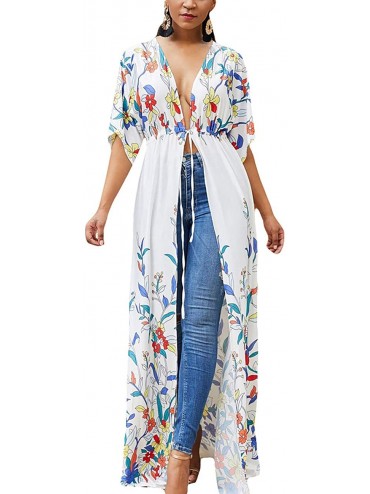 Cover-Ups Womens Chiffon/Rayon Beach Blouses Kimono Cardigan Long Bikini Cover Up - White Print - CD18T0A5ZHN $23.73