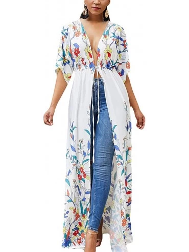 Cover-Ups Womens Chiffon/Rayon Beach Blouses Kimono Cardigan Long Bikini Cover Up - White Print - CD18T0A5ZHN $41.25