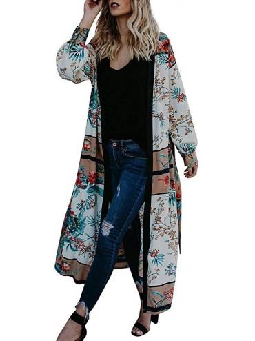Cover-Ups Women's Kimono Cardigan Floral Loose Long Sleeve Soft Beachwear Swimsuit Cover up with Belt - Green - CS18Q678Y5Z $...