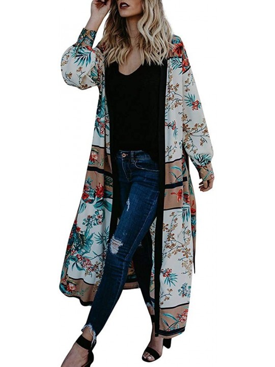 Cover-Ups Women's Kimono Cardigan Floral Loose Long Sleeve Soft Beachwear Swimsuit Cover up with Belt - Green - CS18Q678Y5Z $...