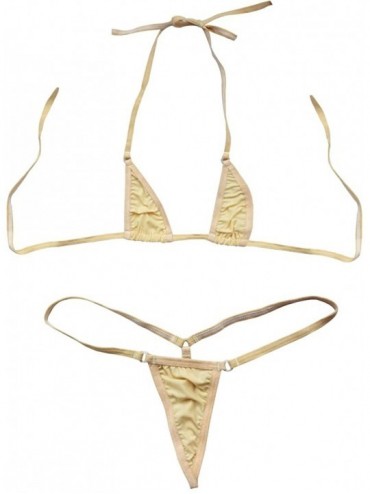 Sets Women Micro G-String Bikini 2 Piece Sliding Top Thong Small Bra - Beige - CP11W0UNUOX $16.06