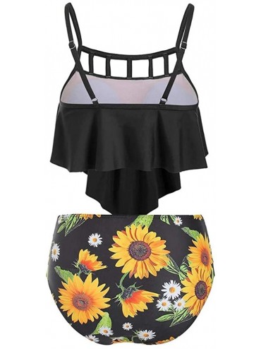 Sets Sunflower Swimsuit for Women Two Piece Flounce Ruffled Tankini Bathing Suits High Waisted Bikini Swimwear Set Black - CU...