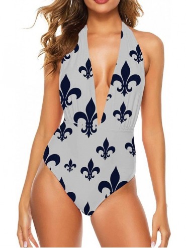 Sets Navy Blue and White Fleur De Lis Pattern Swimwear Vintage Bikini High Waisted XXL - Color 01 - CZ190OCROO6 $69.89