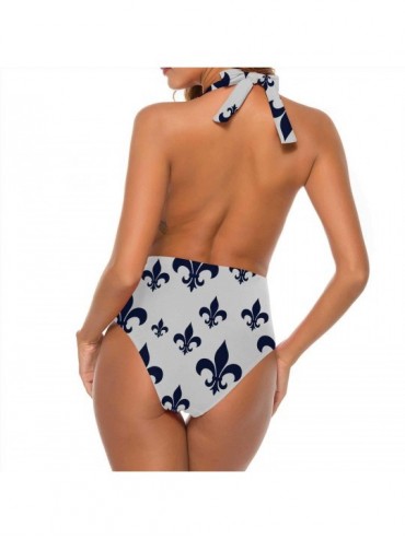 Sets Navy Blue and White Fleur De Lis Pattern Swimwear Vintage Bikini High Waisted XXL - Color 01 - CZ190OCROO6 $36.83