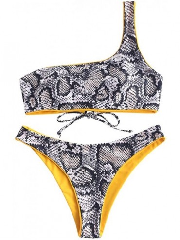 Sets Women's One Shoulder Snakeskin Print Two Piece Bikini Set Swimsuit - Mustard - CL18RK9YXWS $41.17