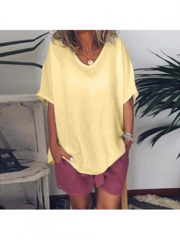 Rash Guards Loose Fit Linen Tops for Women Short Sleeve Pure Color Casual Shirts Oversize Oriental Style Tees Blouses Yellow ...