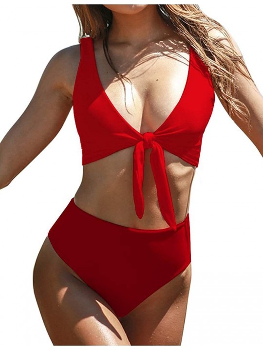 Sets Women's Tie Knot High Waisted Bikini Set Push Up 2 Pieces Swimsuits Bathing Suits - Z-red - CL19CSDK2SR $27.21
