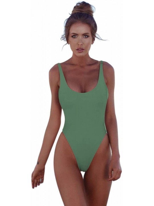 One-Pieces Women's One Piece Bikini High Cut Solid Swimsuits Retro Thong Monikini C. - Milk Green - C218E7KIDN4 $20.06