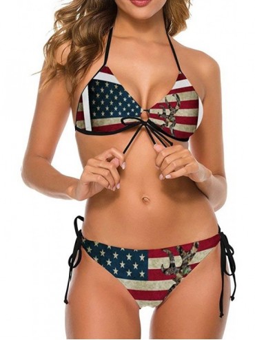 Sets Swimsuits Deer Camo American Flag Bikini Set with Bra and Strappy Triangle Briefs for Women - Color1 - CV197ZL89GM $49.88
