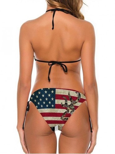 Sets Swimsuits Deer Camo American Flag Bikini Set with Bra and Strappy Triangle Briefs for Women - Color1 - CV197ZL89GM $28.50
