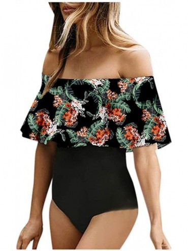 One-Pieces Women Off-Shoulder Swimsuits Flounce Floral Tummy Control Bathing Suits One Piece 2020 - B - CI190L6MA67 $28.54