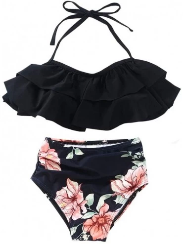 Sets Girls Swimsuit Falbala High Waisted Bathing Suit Halter Neck Bikini Swimwear Tankini Black 7 8 Years Tankini Black - C91...