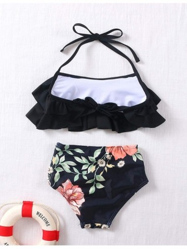 Sets Girls Swimsuit Falbala High Waisted Bathing Suit Halter Neck Bikini Swimwear Tankini Black 7 8 Years Tankini Black - C91...