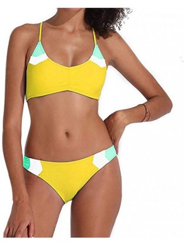 Sets Women's Color Block String Swimsuit Two Pieces Bikini Set V Neck Bathing Suit - Yellow - CO196YTX82G $18.93