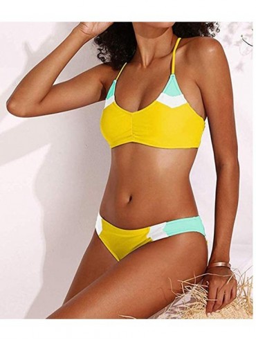 Sets Women's Color Block String Swimsuit Two Pieces Bikini Set V Neck Bathing Suit - Yellow - CO196YTX82G $12.79