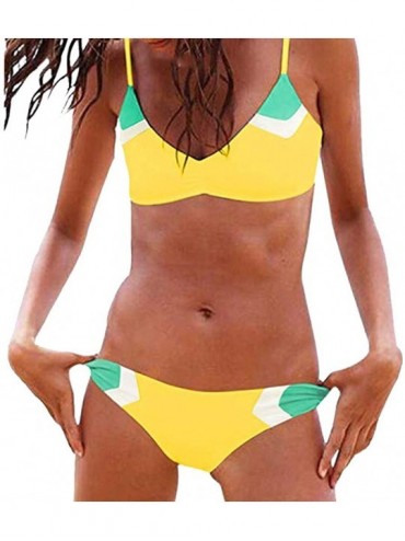 Sets Women's Color Block String Swimsuit Two Pieces Bikini Set V Neck Bathing Suit - Yellow - CO196YTX82G $12.79