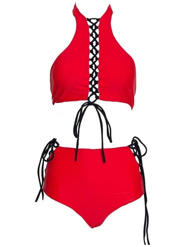 Sets Sexy Bikini High Neck Cross Bandage High Waist Up Straps Brazil Swimsuit Bathing Vacation Beach Set - Red - CF19459AAH8 ...