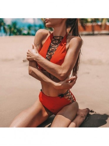 Sets Sexy Bikini High Neck Cross Bandage High Waist Up Straps Brazil Swimsuit Bathing Vacation Beach Set - Red - CF19459AAH8 ...
