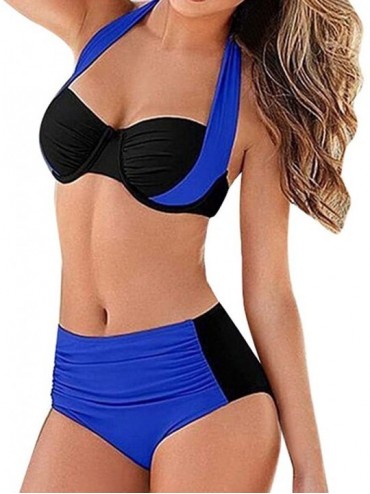 Sets Swimsuits for Women Plus Size-Sexy Swimwear Two Piece Shoulder Strappy Padded Bikini Set Bathing Suits - Blue - CM19659C...