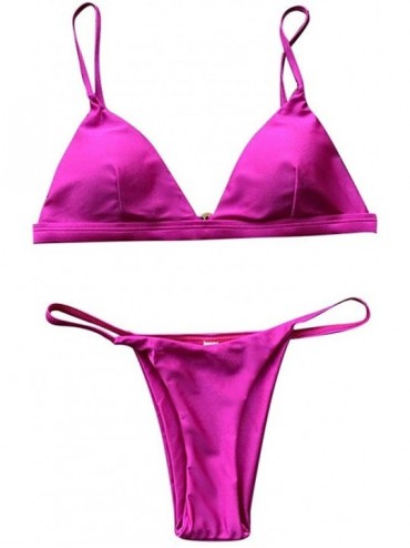 Sets Women's Swimwear Sexy Solid Color Push-ups Thicken Swimwear Beach Bikini Set Beachwear - Hot Pink - C818TX0NMT5 $31.35
