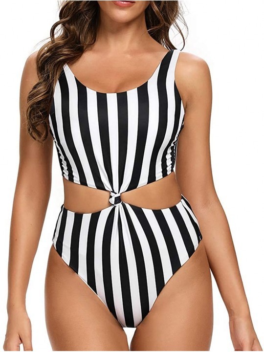 One-Pieces Women's Twist Cut Out High Waisted Scoop Neck One Piece Swimwear Bathing Suit - Black White Stripe - CP1929Q9Y7Q $...