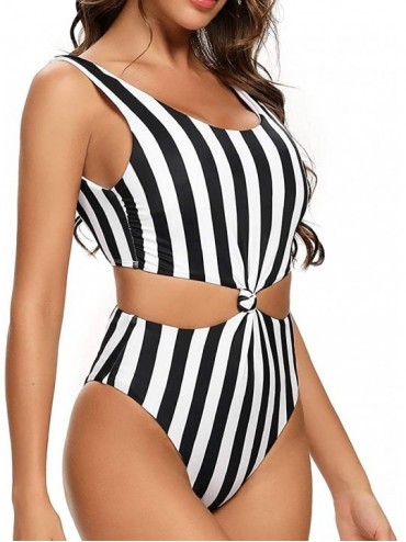 One-Pieces Women's Twist Cut Out High Waisted Scoop Neck One Piece Swimwear Bathing Suit - Black White Stripe - CP1929Q9Y7Q $...