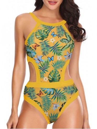 One-Pieces Women One Piece Swimsuit Cutout High Neck Bathing Suit Floral Printed Bathing Suits - Yellow-leaf - C3195TTAY4G $4...