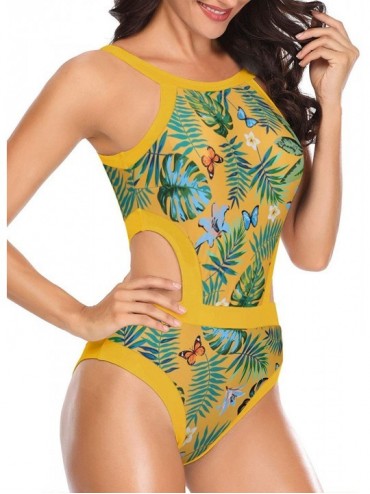 One-Pieces Women One Piece Swimsuit Cutout High Neck Bathing Suit Floral Printed Bathing Suits - Yellow-leaf - C3195TTAY4G $1...