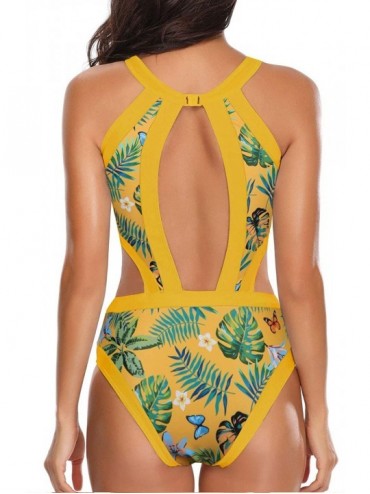 One-Pieces Women One Piece Swimsuit Cutout High Neck Bathing Suit Floral Printed Bathing Suits - Yellow-leaf - C3195TTAY4G $1...