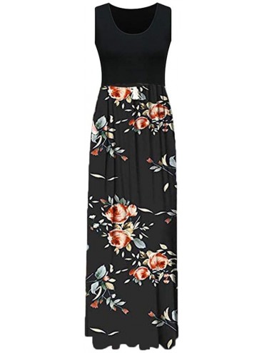 Cover-Ups Shirt Dress for Women- Casual Short Sleeve Empire Waist Maxi Dresses Long Dresses with Pockets - Black-2 - C618TKES...