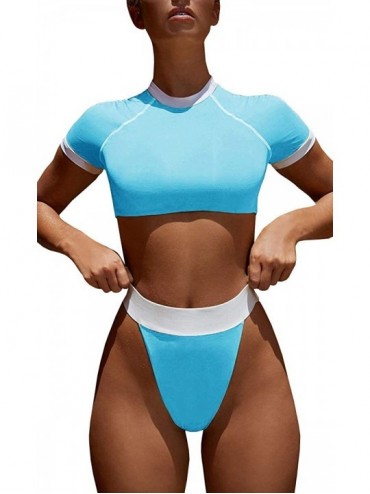 Sets Short Sleeve Crop Top Sporty Rash Guard Two Piece Bathing Suits High Cut Thong Bikini Set - Blue - CJ18T74I3RW $20.76