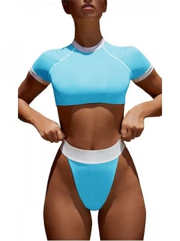 Sets Short Sleeve Crop Top Sporty Rash Guard Two Piece Bathing Suits High Cut Thong Bikini Set - Blue - CJ18T74I3RW $40.99