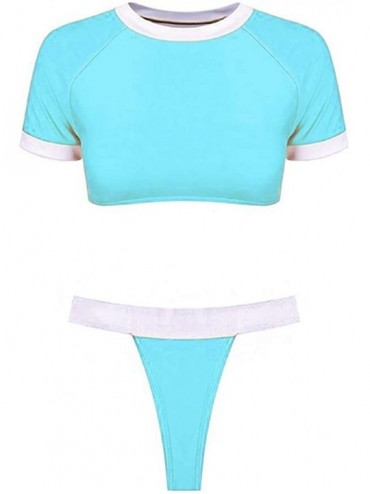Sets Short Sleeve Crop Top Sporty Rash Guard Two Piece Bathing Suits High Cut Thong Bikini Set - Blue - CJ18T74I3RW $20.76