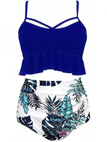 Sets Women Ruffled High Waisted Tankini Bikini Swimsuit Set S-XXXL - Dark Blue-2 - C618UU57RIG $39.48