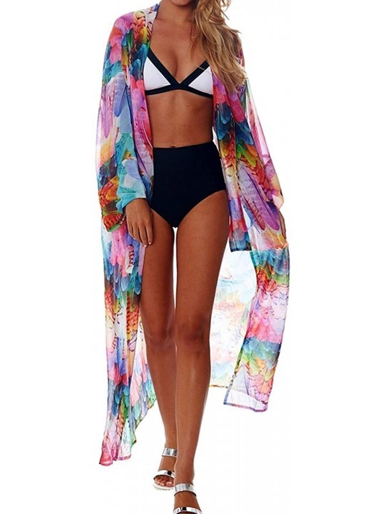 Cover-Ups Women's Swimsuit Cover up Beach Long Kimono Bathing Suit Chiffon Floral Cardigan - 2-colored Feather - C018RMSHGEN ...